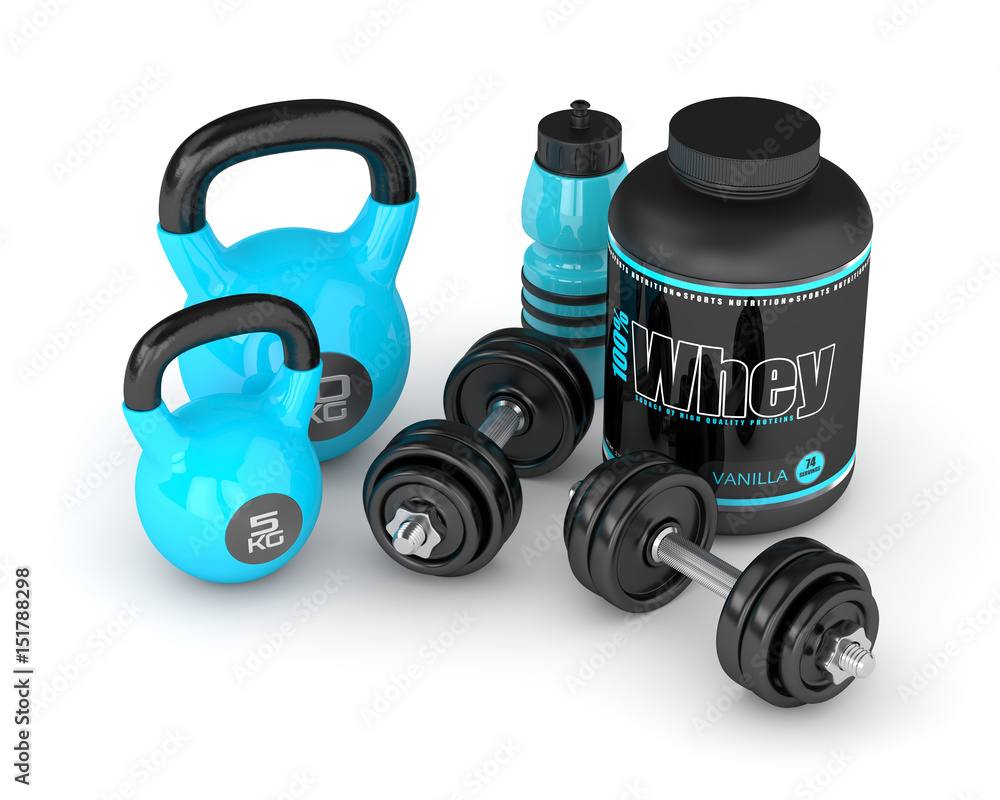 3d render of whey proteins with dumbbells, kettlebells and bottle