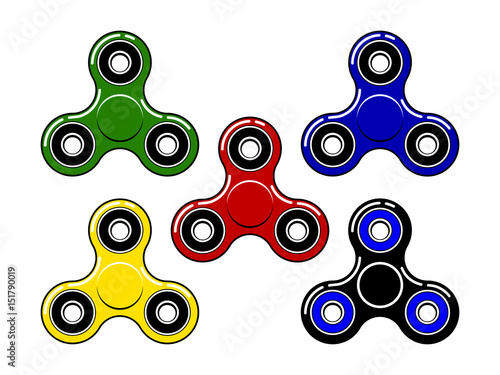 Set of fidget spinners of different colors Most popular toys for stress relief Isolated vector illustration.