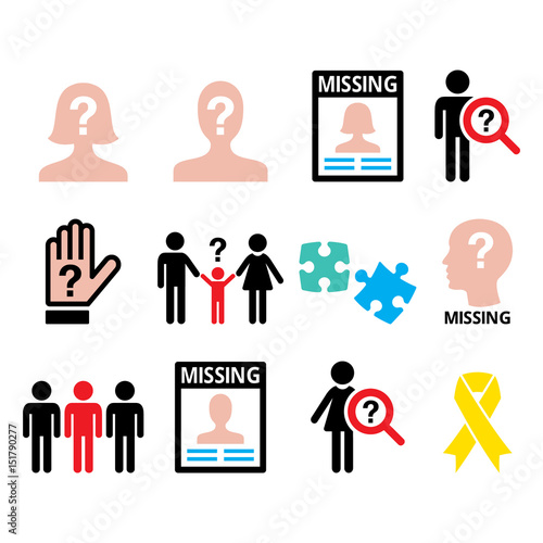 Missing people - man and woman, missing children icons set 