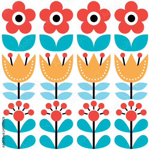 Scandinavian seamless pattern, Swedish folk art design, retro floral background 