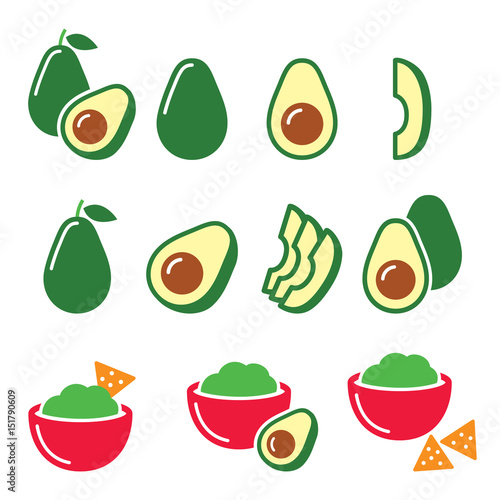Avocado cut in half, fruit, guacamole with nachos icons set 