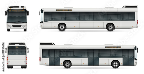 City bus vector template for car branding and advertising. Isolated passenger bus set. All layers and groups well organized for easy editing and recolor. View from left and right side, front, back.