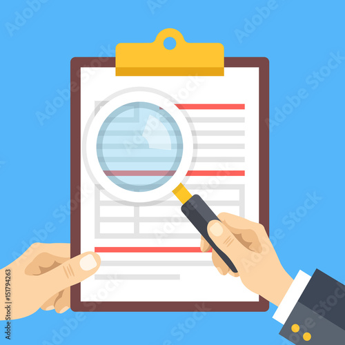 Analysis, review concepts. Hand holding clipboard with document and hand holding magnifying glass. Clipboard with document, application form. Modern flat design vector illustration