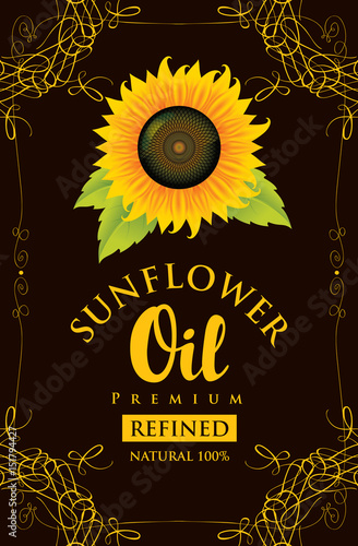 vector label for refined sunflower oil with sunflower and the inscription on black background in curly frame