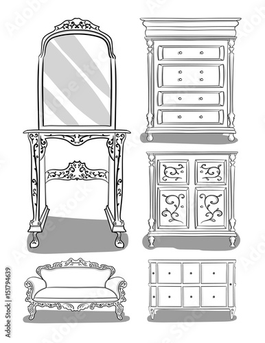 A set of furniture. Three different tables with carved details, a sofa  and a table with a mirror on a white background. Outline eps 10 illustration