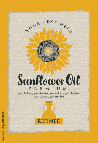 vector label for refined sunflower oil with a sunflower, jug and the inscription on the background texture with handwriting