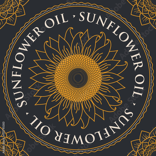 square vector banner for refined sunflower oil with sunflower inscribed in a round frame on a black background
