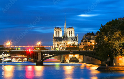 The Notre Dame cathedral at night, Paris, France.