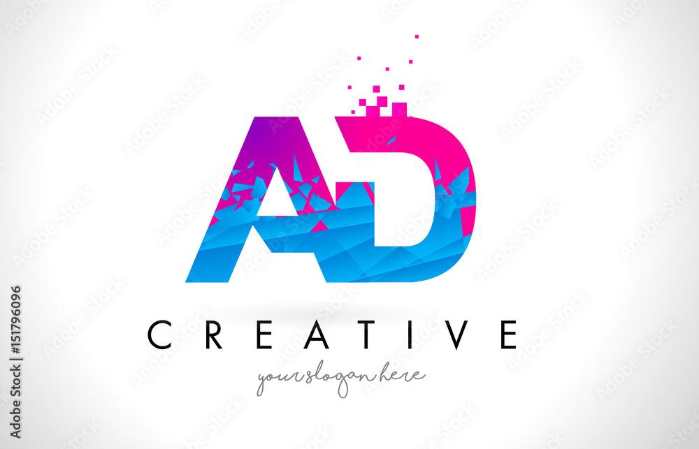 Fototapeta premium AD A D Letter Logo with Shattered Broken Blue Pink Texture Design Vector.