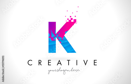 K Letter Logo with Shattered Broken Blue Pink Texture Design Vector.