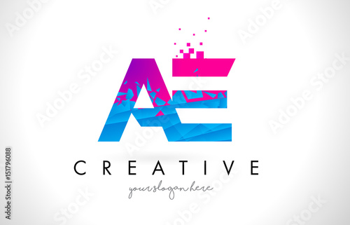 AE A D Letter Logo with Shattered Broken Blue Pink Texture Design Vector.