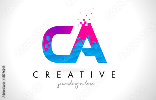 CA C A Letter Logo with Shattered Broken Blue Pink Texture Design Vector.