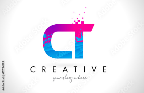 CT C T Letter Logo with Shattered Broken Blue Pink Texture Design Vector.