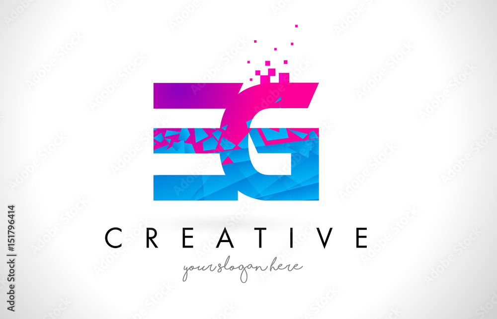 Fototapeta premium EG E G Letter Logo with Shattered Broken Blue Pink Texture Design Vector.