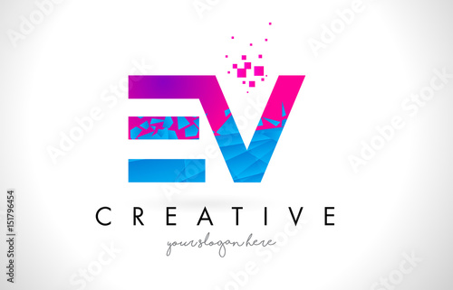 EV E V Letter Logo with Shattered Broken Blue Pink Texture Design Vector.