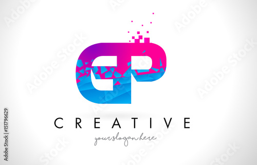 GP G P Letter Logo with Shattered Broken Blue Pink Texture Design Vector.