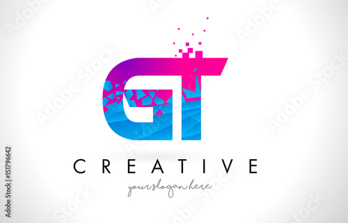 GT G T Letter Logo with Shattered Broken Blue Pink Texture Design Vector.