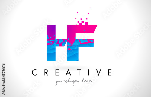 HF H F Letter Logo with Shattered Broken Blue Pink Texture Design Vector.