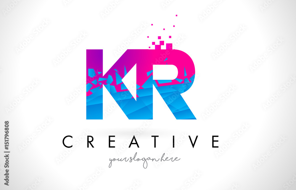 KR K R Letter Logo with Shattered Broken Blue Pink Texture Design Vector. KR K R Letter Logo with Shattered Broken Blue Pink Texture Design Vector.