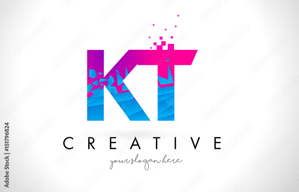 KT K T Letter Logo with Shattered Broken Blue Pink Texture Design Vector. KT K T Letter Logo with Shattered Broken Blue Pink Texture Design Vector.