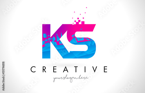 KS K S Letter Logo with Shattered Broken Blue Pink Texture Design Vector.