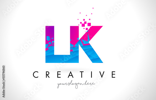 LK L K Letter Logo with Shattered Broken Blue Pink Texture Design Vector.