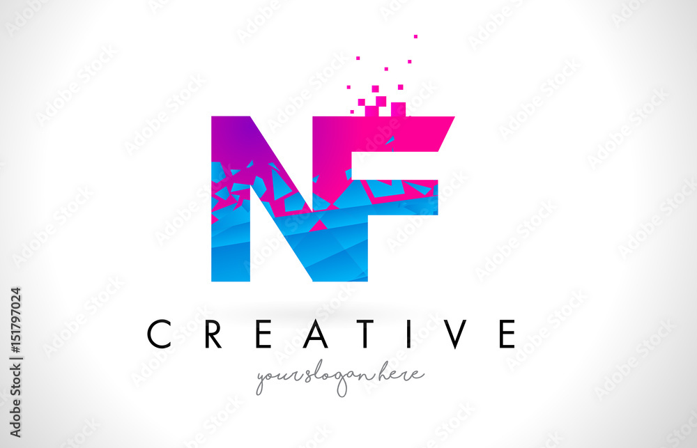 NF N F Letter Logo with Shattered Broken Blue Pink Texture Design Vector.