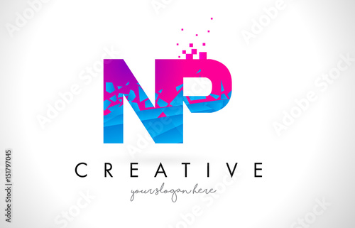 NP N P Letter Logo with Shattered Broken Blue Pink Texture Design Vector.