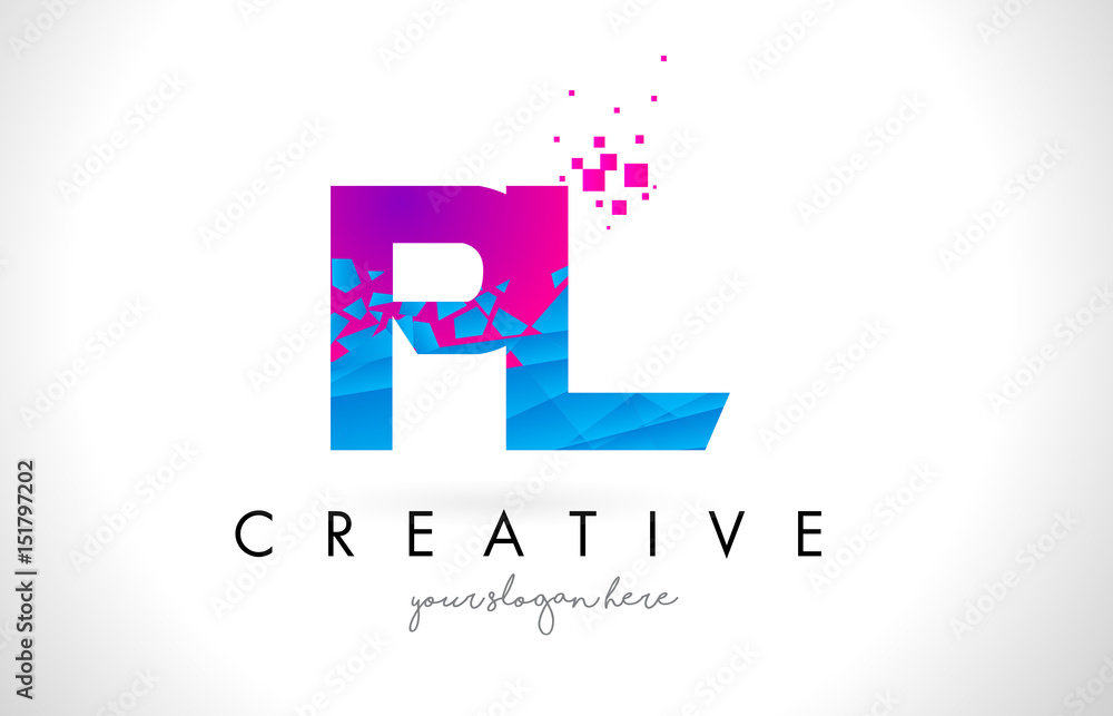 PL P L Letter Logo with Shattered Broken Blue Pink Texture Design Vector. PL P L Letter Logo with Shattered Broken Blue Pink Texture Design Vector.