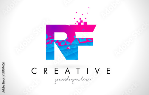 RF R F Letter Logo with Shattered Broken Blue Pink Texture Design Vector.