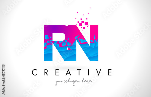 RN R N Letter Logo with Shattered Broken Blue Pink Texture Design Vector.