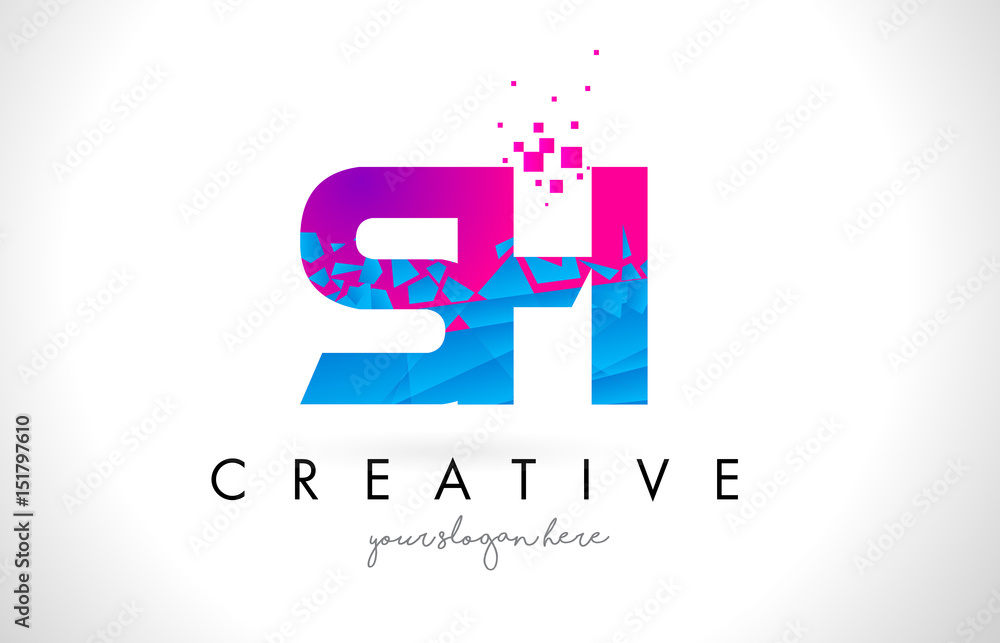 SH S H Letter Logo with Shattered Broken Blue Pink Texture Design Vector.