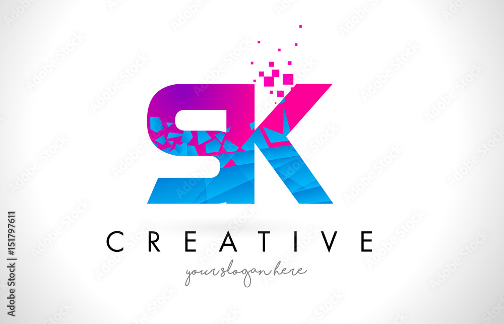 SK S K Letter Logo with Shattered Broken Blue Pink Texture Design Vector.