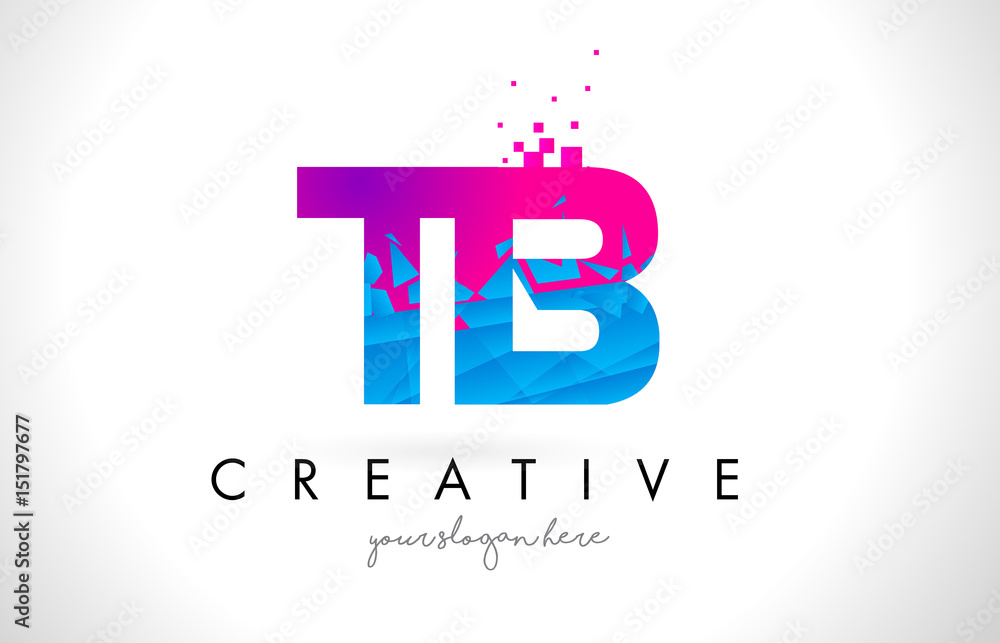 TB T B Letter Logo with Shattered Broken Blue Pink Texture Design Vector.