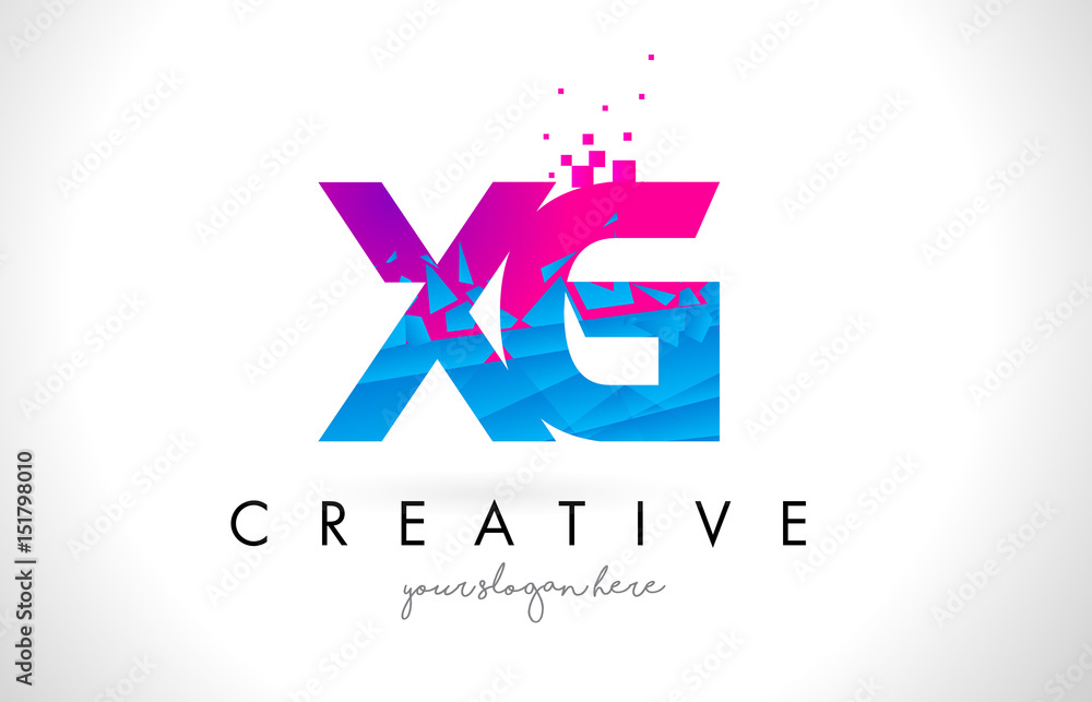 XG X G Letter Logo with Shattered Broken Blue Pink Texture Design Vector.