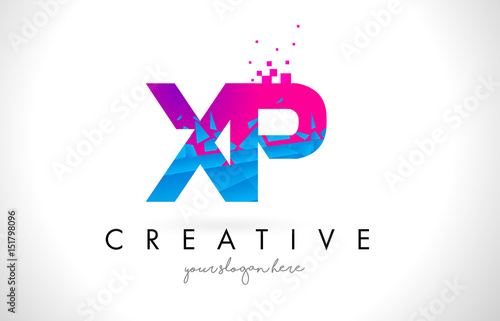 XP X P Letter Logo with Shattered Broken Blue Pink Texture Design Vector.