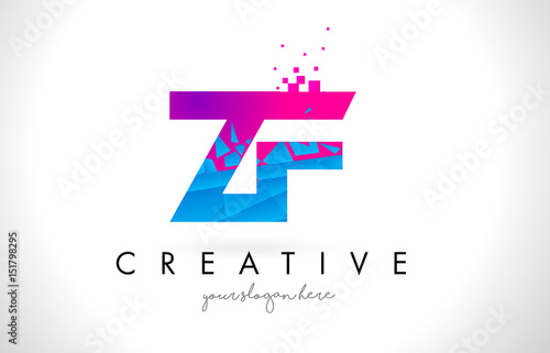 ZF Z F Letter Logo with Shattered Broken Blue Pink Texture Design Vector.