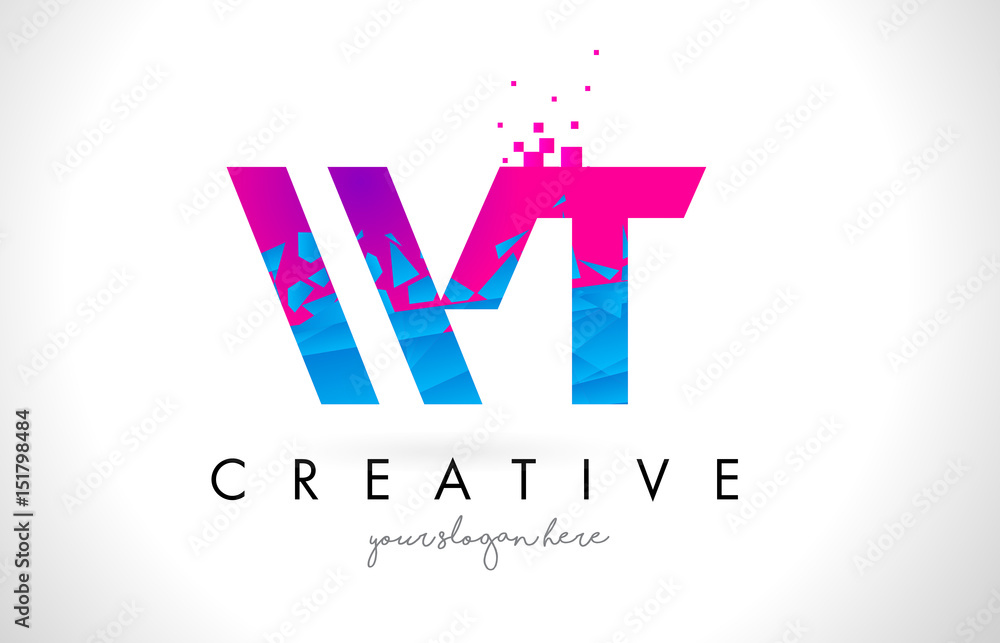 Fototapeta premium WT W T Letter Logo with Shattered Broken Blue Pink Texture Design Vector.