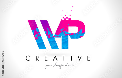 WP W P Letter Logo with Shattered Broken Blue Pink Texture Design Vector.