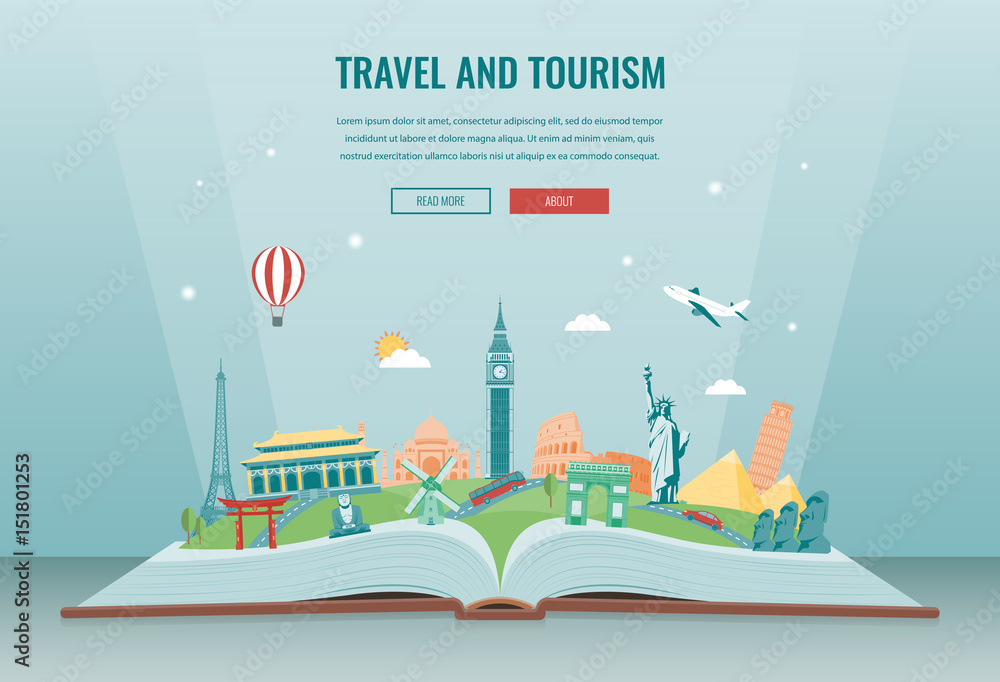 Travel composition with famous world landmarks. Travel and Tourism. Concept website template. Vector. Travel composition with famous world landmarks. Travel and Tourism. Concept website template. Vector.