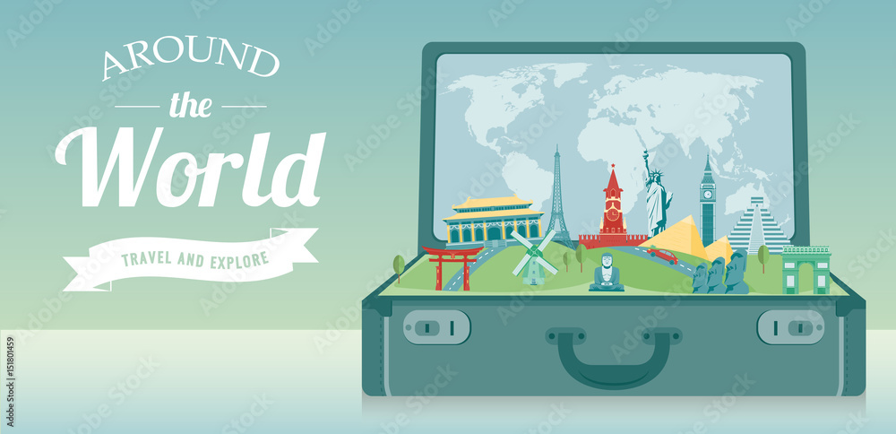 Travel composition with famous world landmarks. Travel and Tourism. Vector.