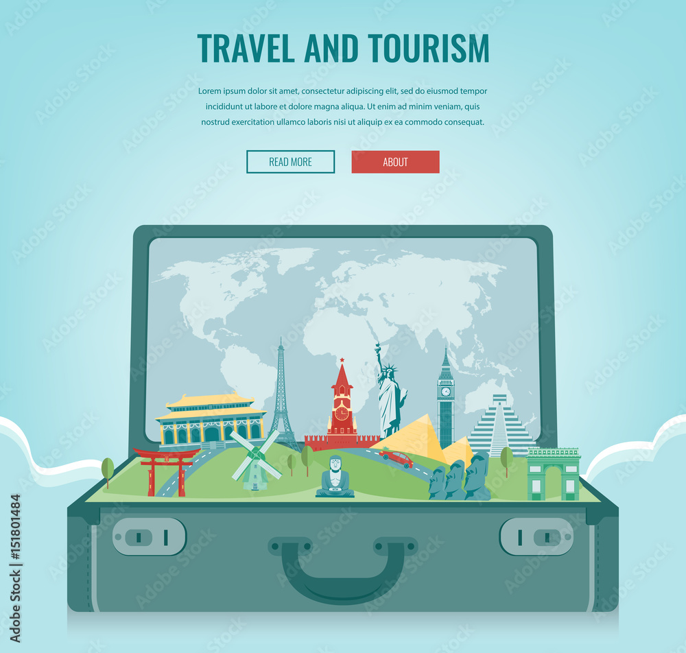 Naklejka premium Travel composition with famous world landmarks. Travel and Tourism. Concept website template. Vector.