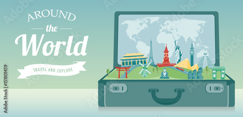 Travel composition with famous world landmarks. Travel and Tourism. Vector.