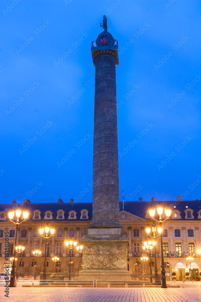The famous Vendome column at night, Paris, France.