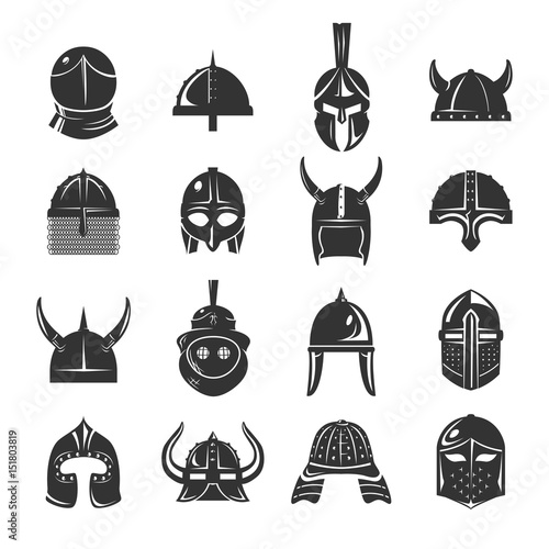 Warrior helmets set of vector icons on white background