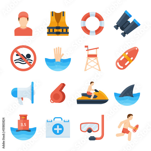 Lifeguard vector icons in a flat style on a white background