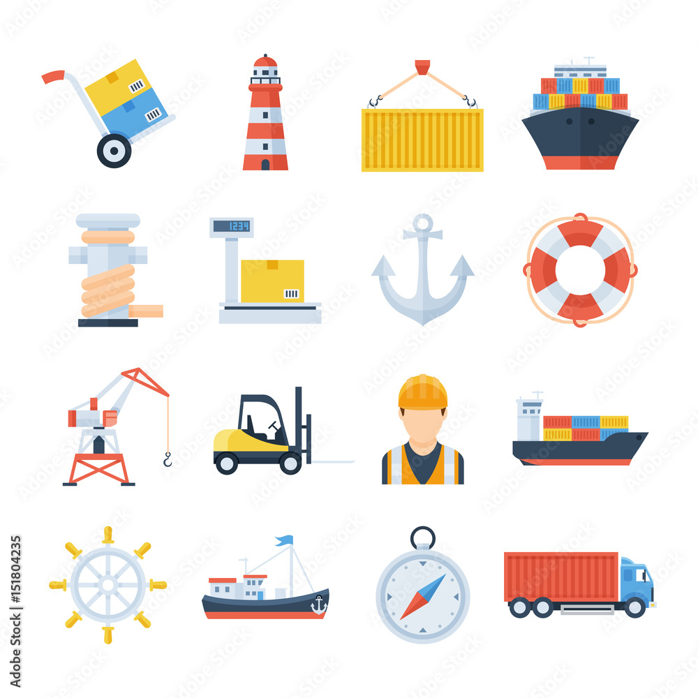 Sea port set of vector icons in a flat style - obrazy, fototapety, plakaty 
