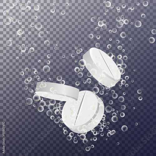 Effervescent Medicine. Fizzy Tablet Dissolving. White Round Pill Falling In Water With Bubbles. Transparent Background. 3D Realistic Illustration