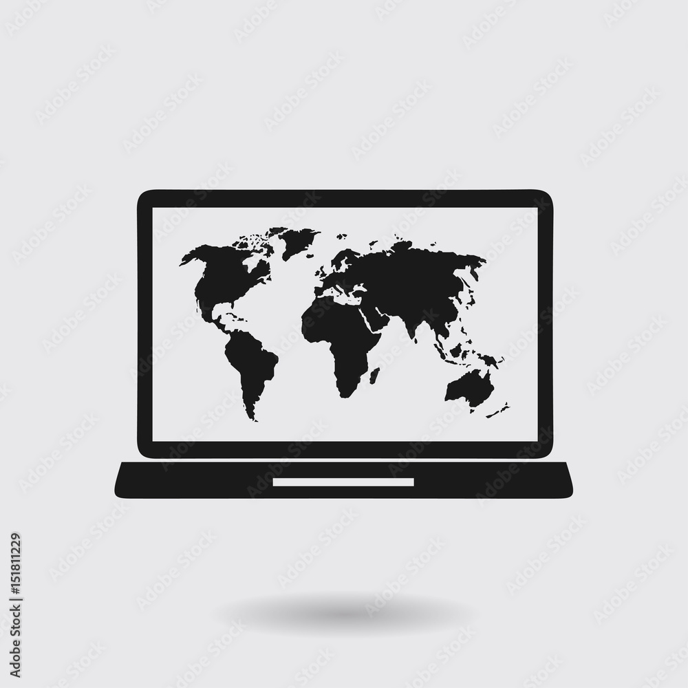 Laptop and world map illustration. World map geography symbol. Flat design style. Laptop and world map illustration. World map geography symbol. Flat design style.