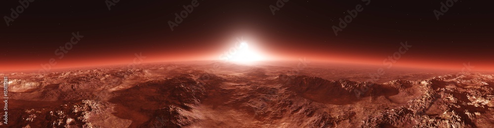 Naklejka premium Mars z orbity, panorama Marsa, krajobraz Marsim, wschód słońca nad Marsem, renderowanie 3D
